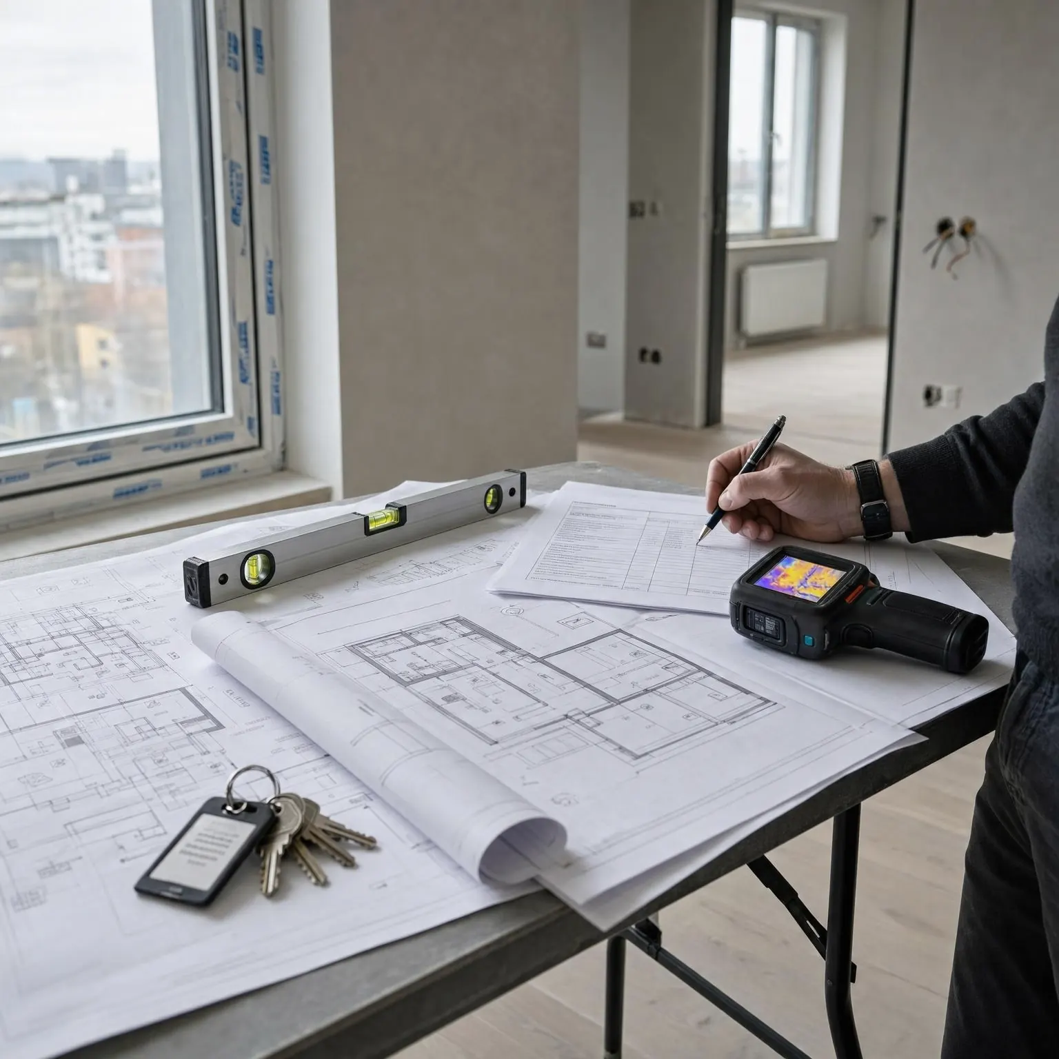 Planuri, chei, nivelă și cameră termografică pe masă, la verificarea documentelor de predare a apartamentului